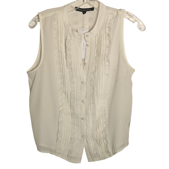 French Connection Cream Mandarin Collar w/ Button Down Ruffle Sleeveless Blouse - Picture 5 of 12
